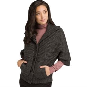 Prana Charcoal Gray Button Front Cardigan Size S Wool Blend Pockets 1/2 Sleeves